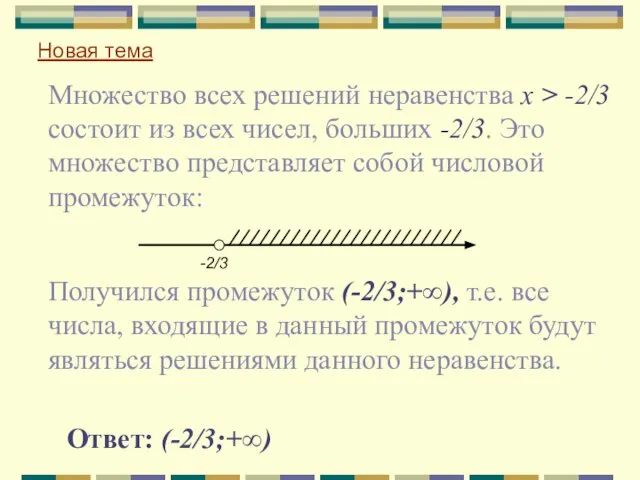 Множество всех решений неравенства х > -2/3 состоит из всех чисел,