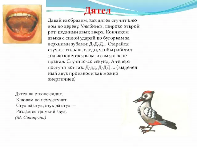 Давай изобразим, как дятел стучит клю­вом по дереву. Улыбнись, широко открой