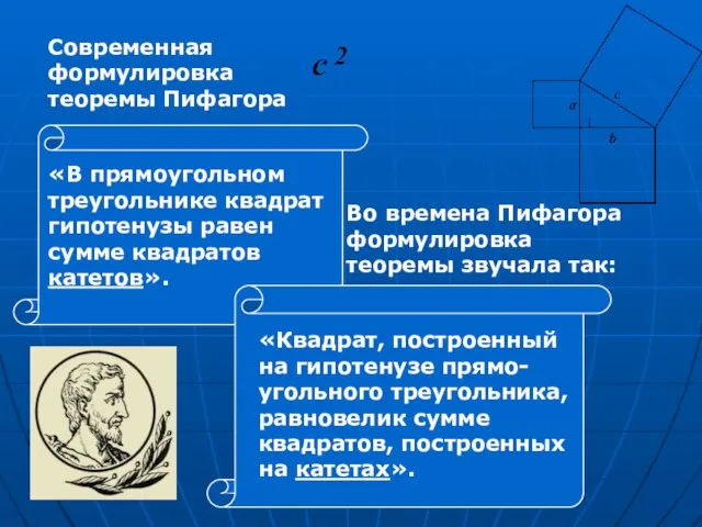 «Квадрат, построенный на гипотенузе прямо-угольного треугольника, равновелик сумме квадратов, построенных на