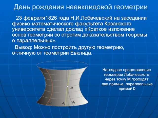 День рождения неевклидовой геометрии 23 февраля1826 года Н.И.Лобачевский на заседании физико-математического