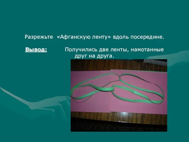 Разрежьте «Афганскую ленту» вдоль посередине. Вывод: Получились две ленты, намотанные друг на друга.