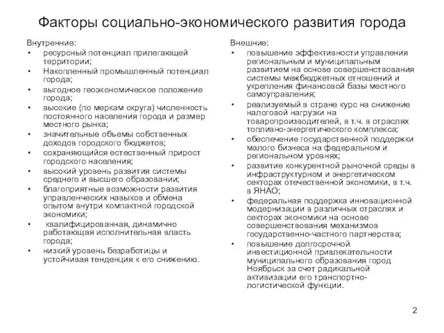 Факторы социально-экономического развития города Внутренние: ресурсный потенциал прилегающей территории; Накопленный промышленный