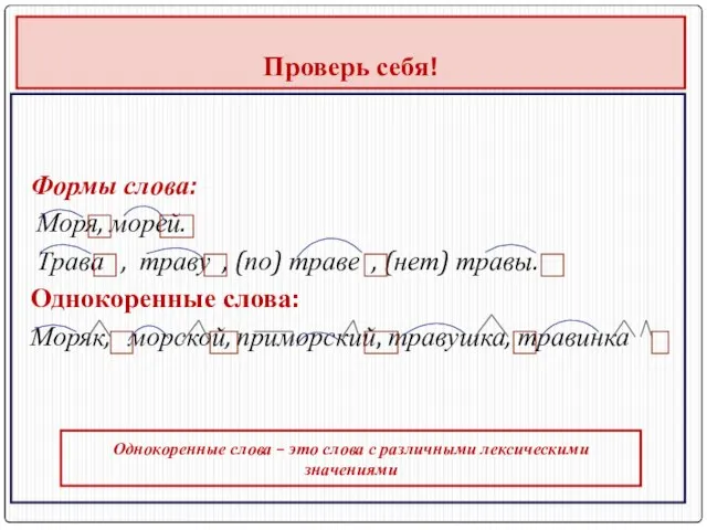 Проверь себя! Формы слова: Моря, морей. Трава , траву , (по)