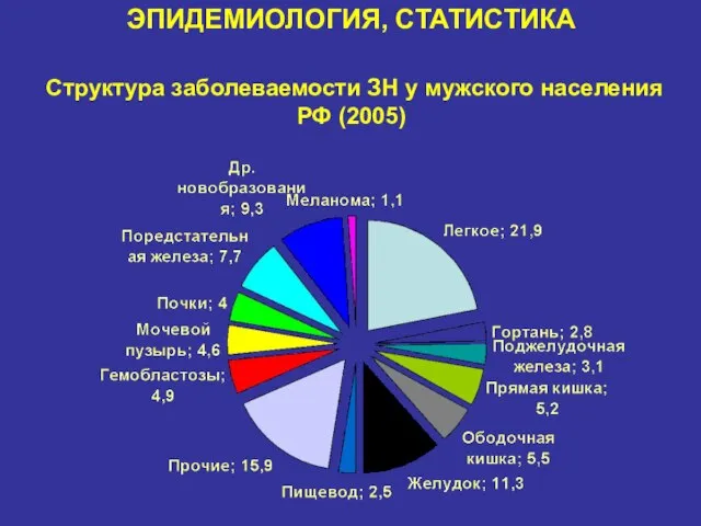 ЭПИДЕМИОЛОГИЯ, СТАТИСТИКА Структура заболеваемости ЗН у мужского населения РФ (2005)