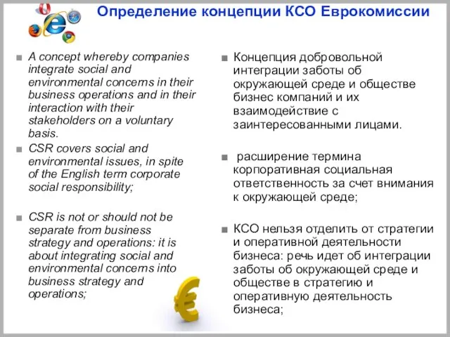 Определение концепции КСО Еврокомиссии A concept whereby companies integrate social and