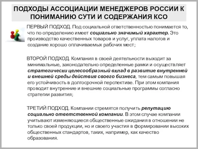 ПОДХОДЫ АССОЦИАЦИИ МЕНЕДЖЕРОВ РОССИИ К ПОНИМАНИЮ СУТИ И СОДЕРЖАНИЯ КСО ПЕРВЫЙ