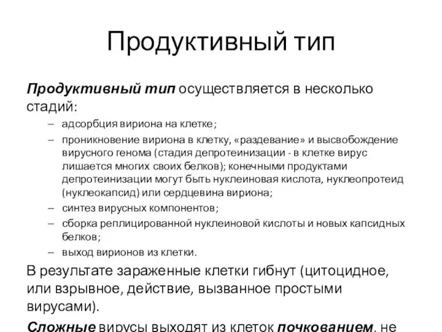 Продуктивный тип Продуктивный тип осуществляется в несколько стадий: адсорбция вириона на