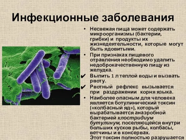 Инфекционные заболевания Несвежая пища может содержать микроорганизмы (бактерии, грибки) и продукты