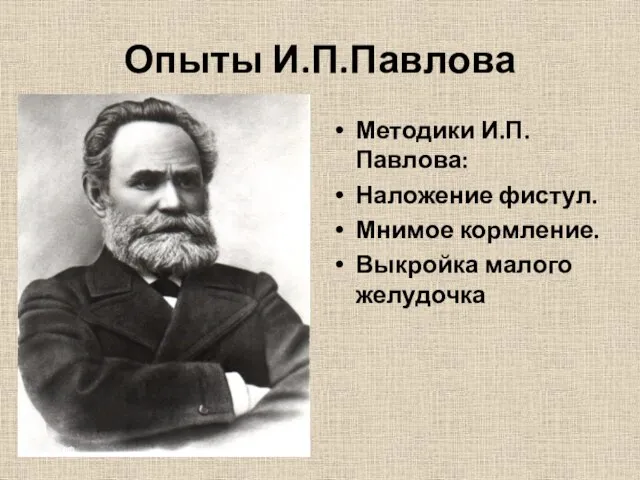 Опыты И.П.Павлова Методики И.П.Павлова: Наложение фистул. Мнимое кормление. Выкройка малого желудочка