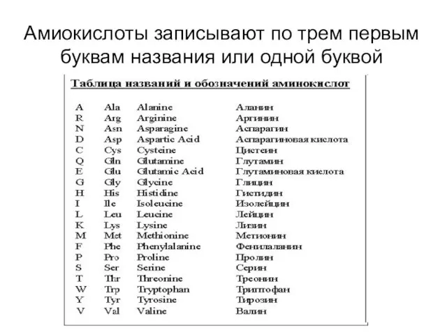 Амиокислоты записывают по трем первым буквам названия или одной буквой