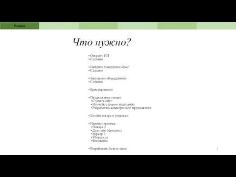 Что нужно? Открыто ИП Сделано Найдено помещение 40м2 Сделано Закуплено оборудование