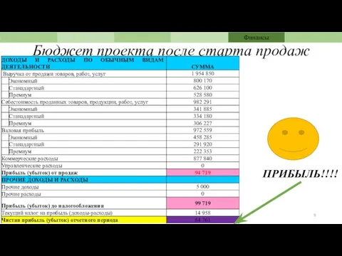 Бюджет проекта после старта продаж ПРИБЫЛЬ!!!!
