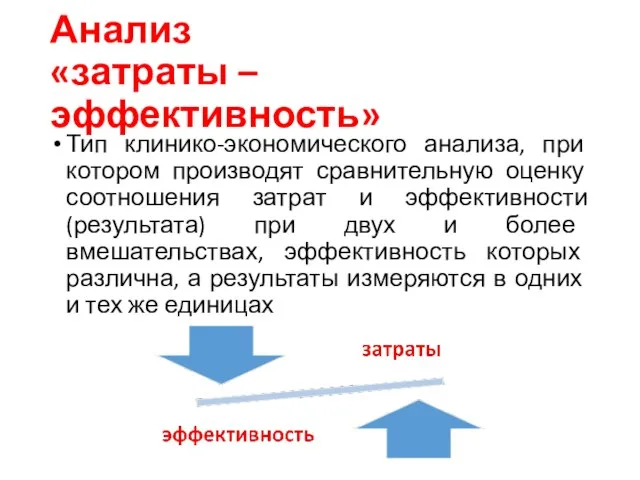 Анализ «затраты – эффективность» Тип клинико-экономического анализа, при котором производят сравнительную