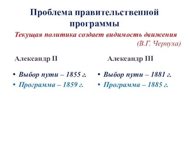 Проблема правительственной программы Александр II Выбор пути – 1855 г. Программа