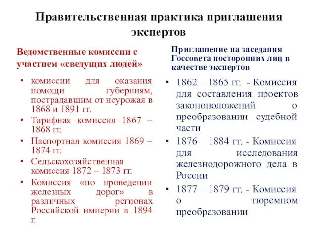 Правительственная практика приглашения экспертов Ведомственные комиссии с участием «сведущих людей» комиссии