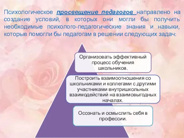 Психологическое просвещение педагогов направлено на создание условий, в которых они могли