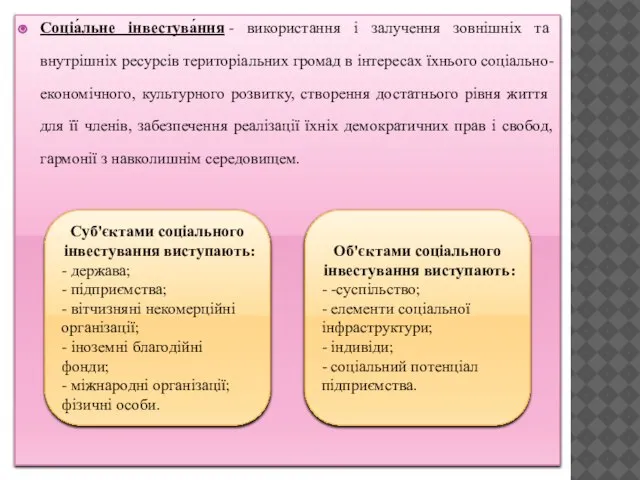 Соціа́льне інвестува́ння - використання і залучення зовнішніх та внутрішніх ресурсів територіальних