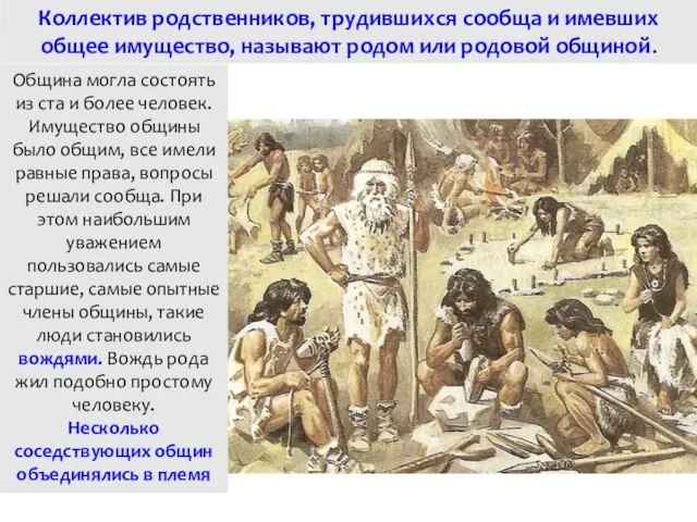 Коллектив родственников, трудившихся сообща и имевших общее имущество, называют родом или