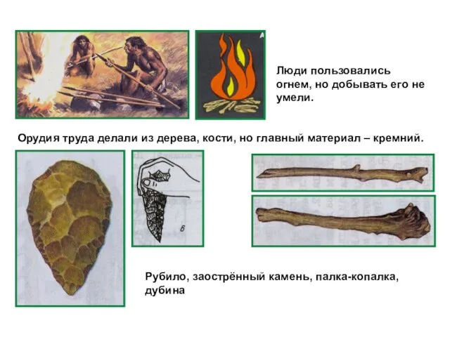 Люди пользовались огнем, но добывать его не умели. Орудия труда делали