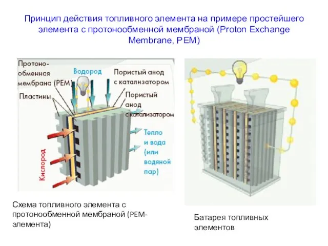 Принцип действия топливного элемента на примере простейшего элемента с протонообменной мембраной