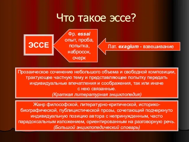 Что такое эссе? ЭССЕ Лат. exagium - взвешивание Фр. essai опыт,