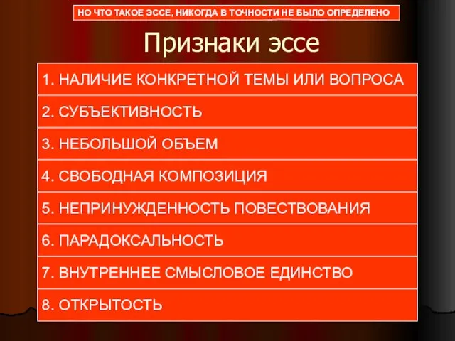 Признаки эссе 1. НАЛИЧИЕ КОНКРЕТНОЙ ТЕМЫ ИЛИ ВОПРОСА 3. НЕБОЛЬШОЙ ОБЪЕМ