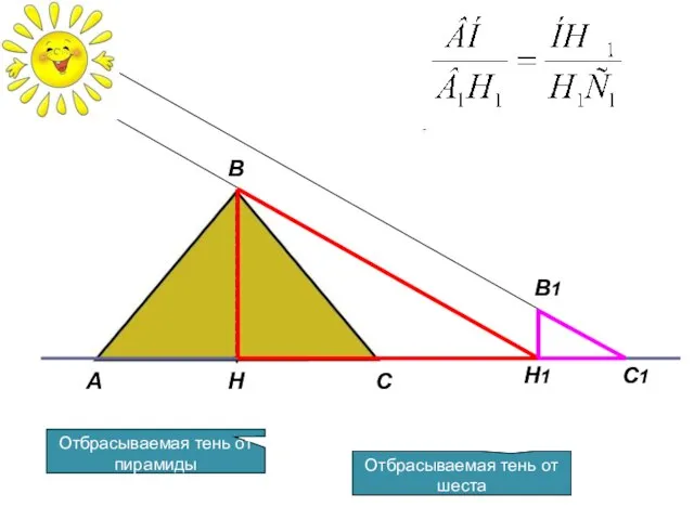 А В С H1 В1 С1 Отбрасываемая тень от пирамиды Отбрасываемая тень от шеста Н
