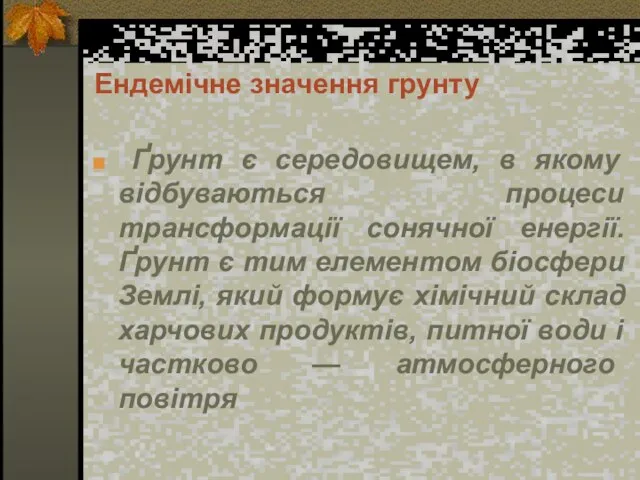 Ендемічне значення грунту Ґрунт є середовищем, в якому відбуваються процеси трансформації