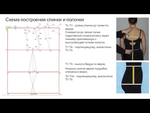 Т1-Т7 – длина спинки до талии по мерке. Снимается до линии