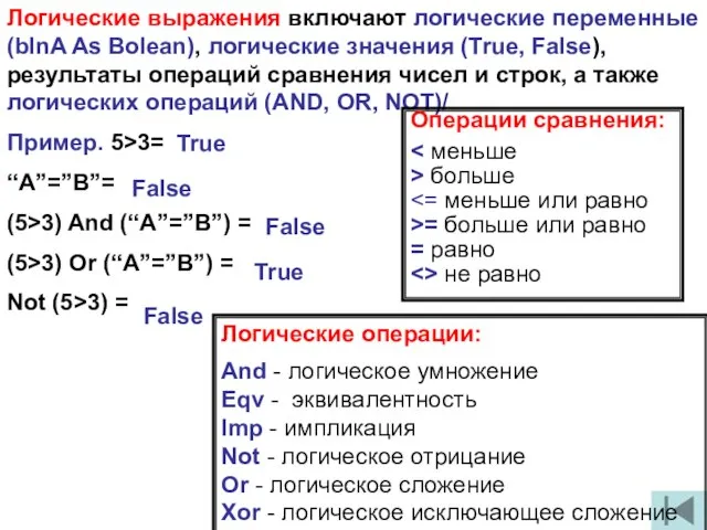 Логические выражения включают логические переменные (blnA As Bolean), логические значения (True,