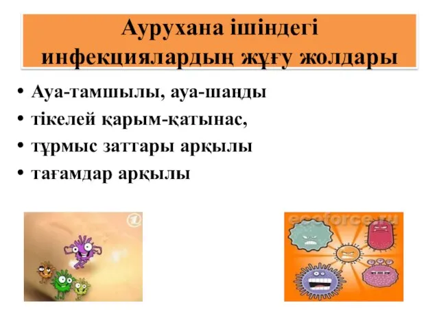 Аурухана ішіндегі инфекциялардың жұғу жолдары Ауа-тамшылы, ауа-шаңды тікелей қарым-қатынас, тұрмыс заттары арқылы тағамдар арқылы