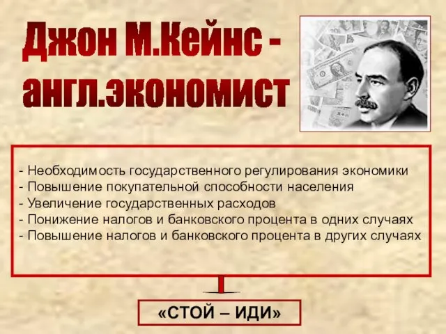 Джон М.Кейнс - англ.экономист Необходимость государственного регулирования экономики Повышение покупательной способности