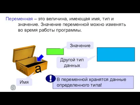 Переменная – это величина, имеющая имя, тип и значение. Значение переменной