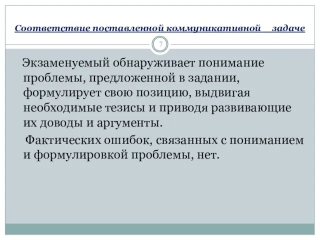 Соответствие поставленной коммуникативной задаче Экзаменуемый обнаруживает понимание проблемы, предложенной в задании,