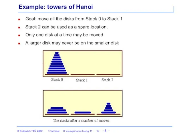 Example: towers of Hanoi Goal: move all the disks from Stack