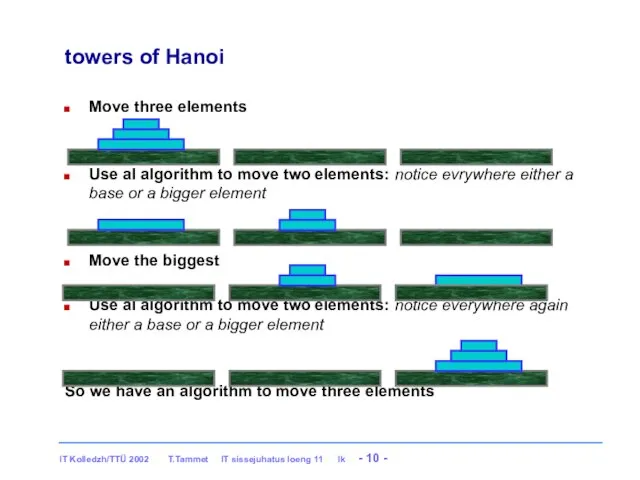 towers of Hanoi Move three elements Use al algorithm to move
