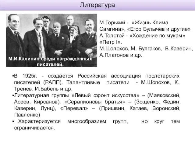 Литература М.И.Калинин среди награжденных писателей. В 1925г. - создается Российская ассоциация