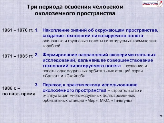 Накопление знаний об окружающем пространстве, создание технологий пилотируемого полета – одиночные