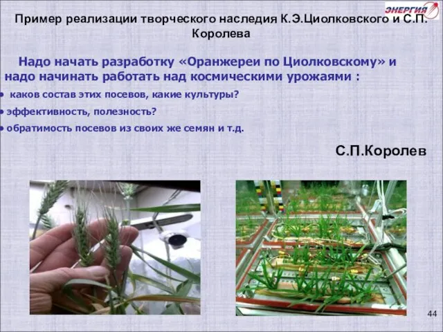 Надо начать разработку «Оранжереи по Циолковскому» и надо начинать работать над