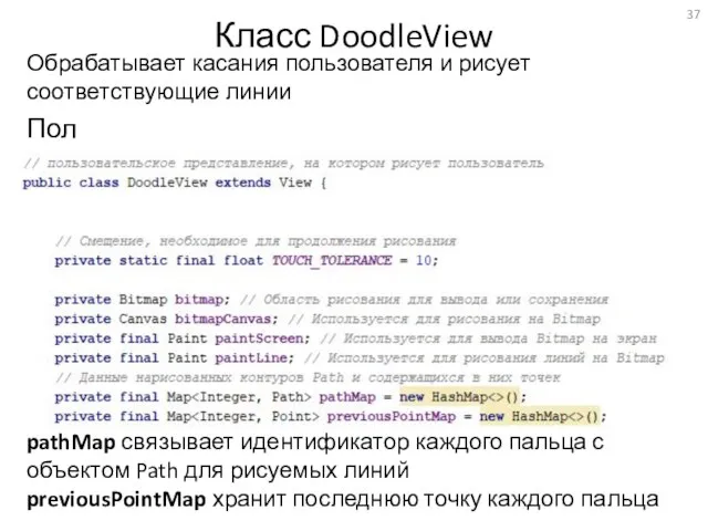 Класс DoodleView Обрабатывает касания пользователя и рисует соответствующие линии Поля pathMap