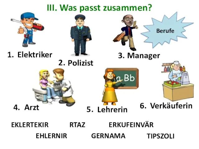 III. Was passt zusammen? EKLERTEKIR Elektriker ERKUFEINVÄR TIPSZOLI RTAZ EHLERNIR GERNAMA