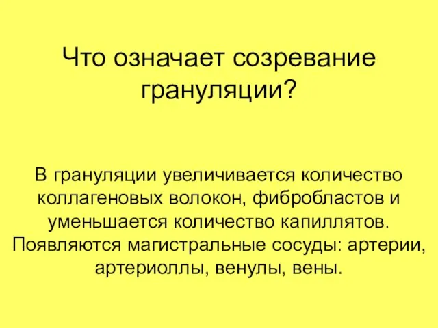 Что означает созревание грануляции? В грануляции увеличивается количество коллагеновых волокон, фибробластов