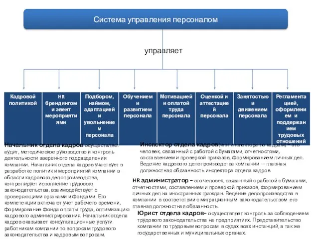 Система управления персоналом управляет Инспектор отдела кадров(или инспектора по кадрам) −