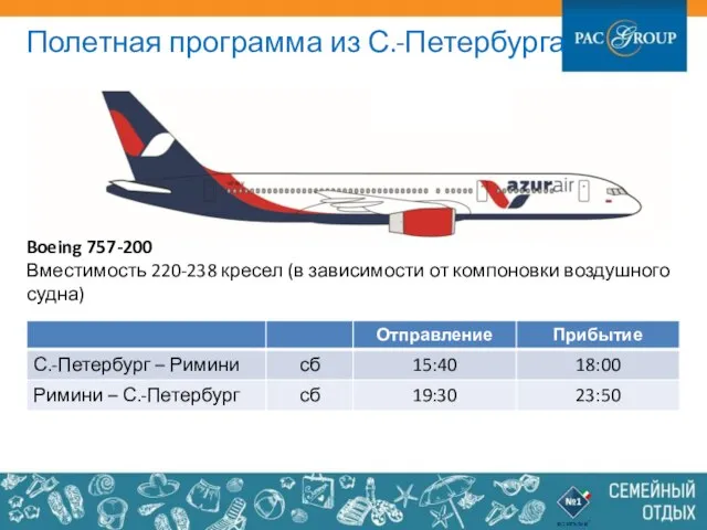 Полетная программа из С.-Петербурга Boeing 757-200 Вместимость 220-238 кресел (в зависимости от компоновки воздушного судна)