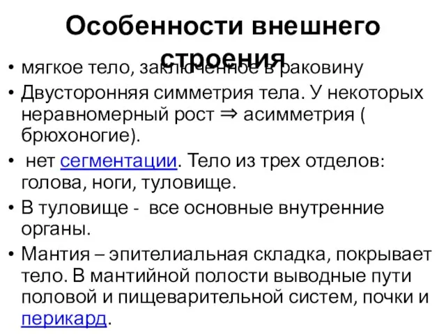 Особенности внешнего строения мягкое тело, заключенное в раковину Двусторонняя симметрия тела.