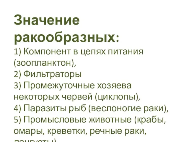 Значение ракообразных: 1) Компонент в цепях питания (зоопланктон), 2) Фильтраторы 3)