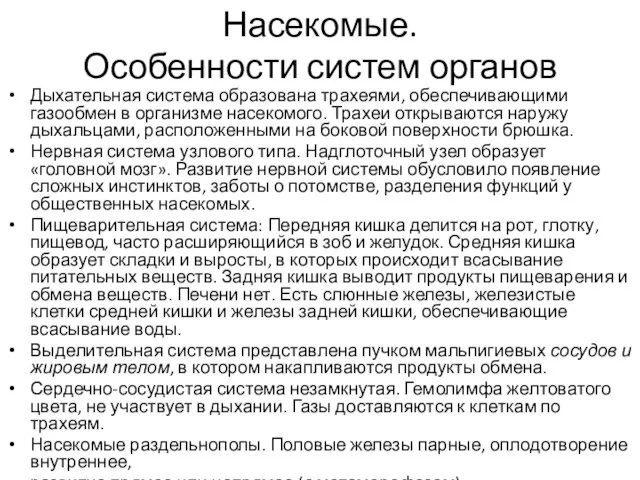 Насекомые. Особенности систем органов Дыхательная система образована трахеями, обеспечивающими газообмен в