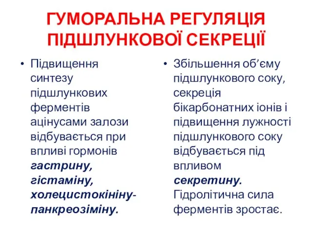 ГУМОРАЛЬНА РЕГУЛЯЦІЯ ПІДШЛУНКОВОЇ СЕКРЕЦІЇ Підвищення синтезу підшлункових ферментів ацінусами залози відбувається