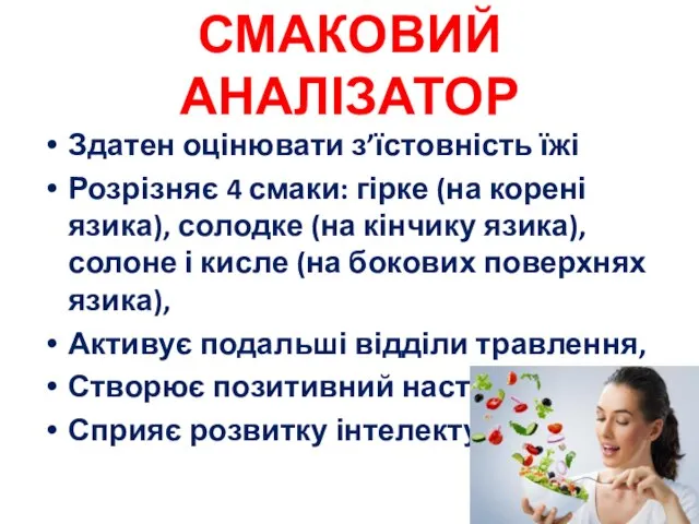 СМАКОВИЙ АНАЛІЗАТОР Здатен оцінювати з’їстовність їжі Розрізняє 4 смаки: гірке (на