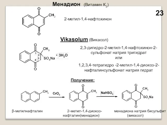 Менадион (Витамин К3) 2-метил-1,4-нафтохинон Vikasolum (Викасол) 2,3-дигидро-2-метил-1,4-нафтохинон-2-сульфонат натрия тригидрат или 1,2,3,4-тетрагидро